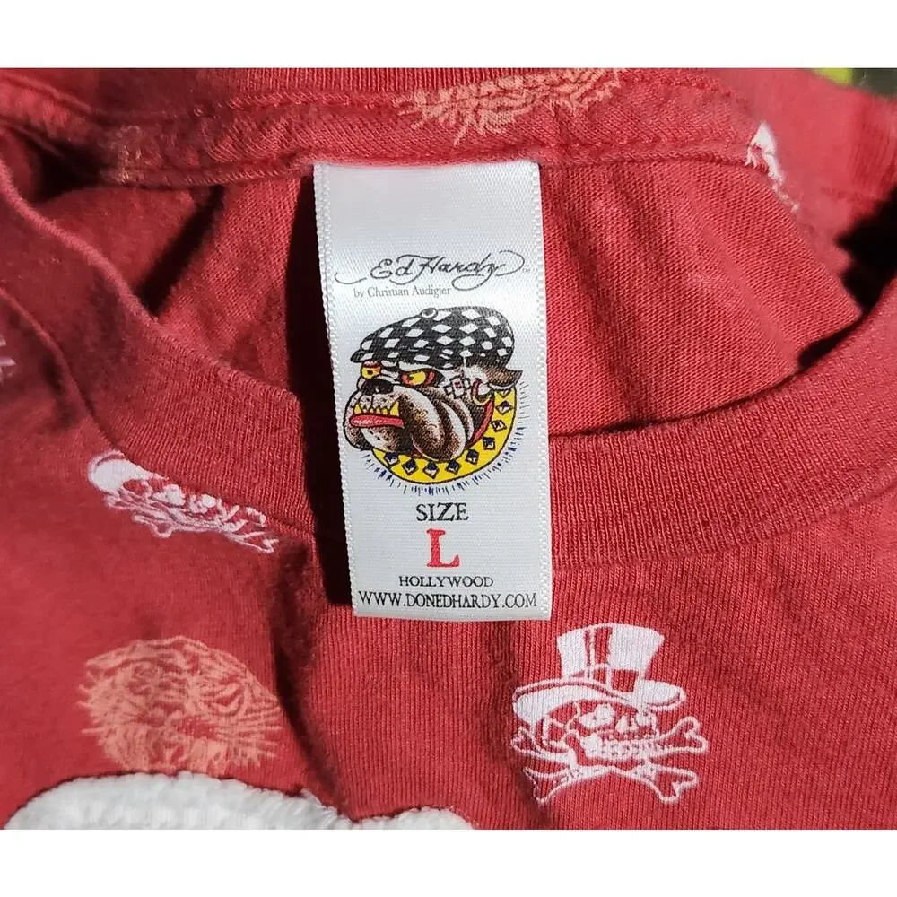 Ed Hardy Red Skull Heart Dagge Red T-Shirt Embroidered Christian Audigier Sz L
